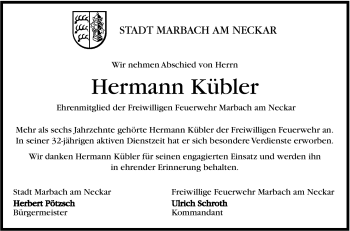 Traueranzeige von Hermann Kübler von Marbacher Zeitung