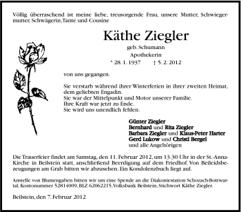 Traueranzeige von Käthe Ziegler von Marbacher Zeitung