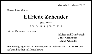 Traueranzeige von Elfriede Zehender von Stuttgarter Zeitung / Stuttgarter Nachrichten