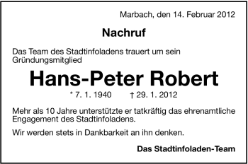 Traueranzeige von Hans-Peter Robert von Marbacher Zeitung