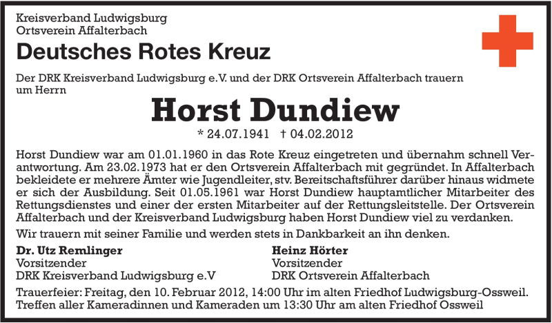  Traueranzeige für Horst Dundiew vom 08.02.2012 aus Stuttgarter Zeitung / Stuttgarter Nachrichten