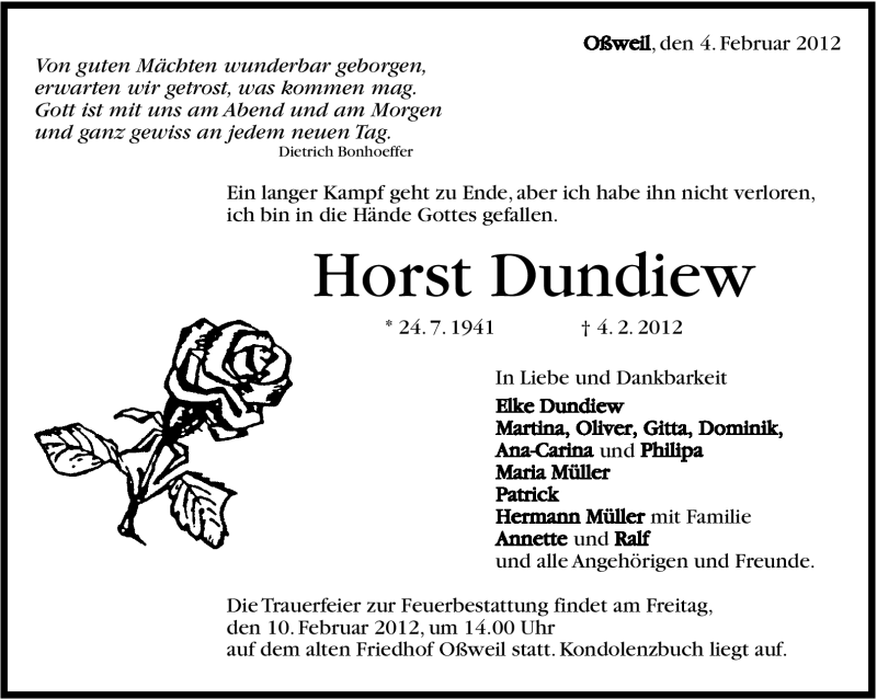  Traueranzeige für Horst Dundiew vom 08.02.2012 aus Stuttgarter Zeitung / Stuttgarter Nachrichten