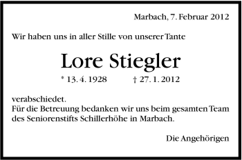 Traueranzeige von Lore Stiegler von Marbacher Zeitung