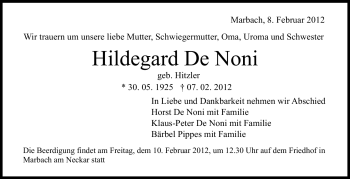 Traueranzeige von Hildegard De Noni von Marbacher Zeitung