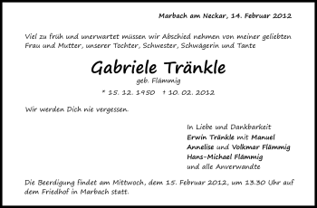 Traueranzeige von Gabriele Tränkle von Marbacher Zeitung