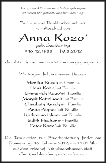 Traueranzeige von Anna Kozo von Marbacher Zeitung