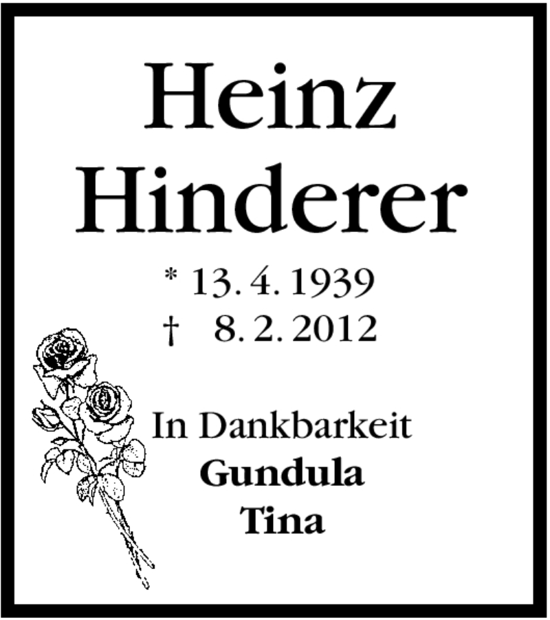  Traueranzeige für Heinz Hinderer vom 15.02.2012 aus Stuttgarter Zeitung / Stuttgarter Nachrichten
