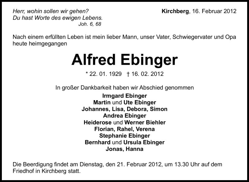  Traueranzeige für Alfred Ebinger vom 18.02.2012 aus Stuttgarter Zeitung / Stuttgarter Nachrichten