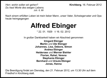 Traueranzeige von Alfred Ebinger von Stuttgarter Zeitung / Stuttgarter Nachrichten