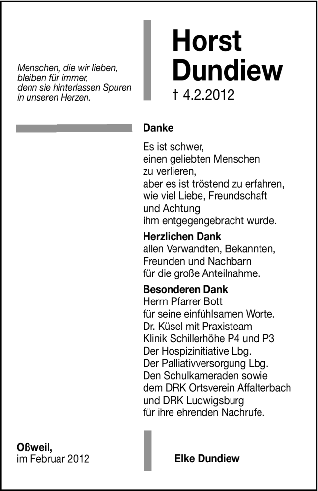  Traueranzeige für Horst Dundiew vom 25.02.2012 aus Stuttgarter Zeitung / Stuttgarter Nachrichten