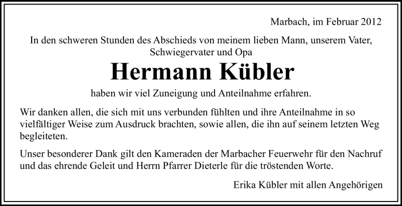  Traueranzeige für Hermann Kübler vom 21.02.2012 aus Marbacher Zeitung