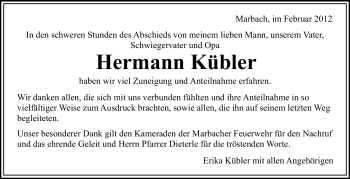 Traueranzeige von Hermann Kübler von Marbacher Zeitung