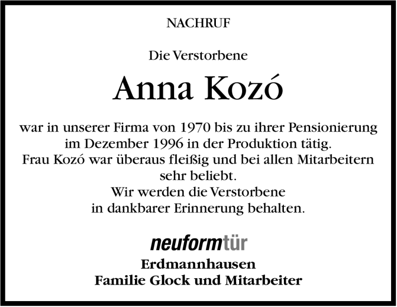  Traueranzeige für Anna Kozo vom 21.02.2012 aus Marbacher Zeitung