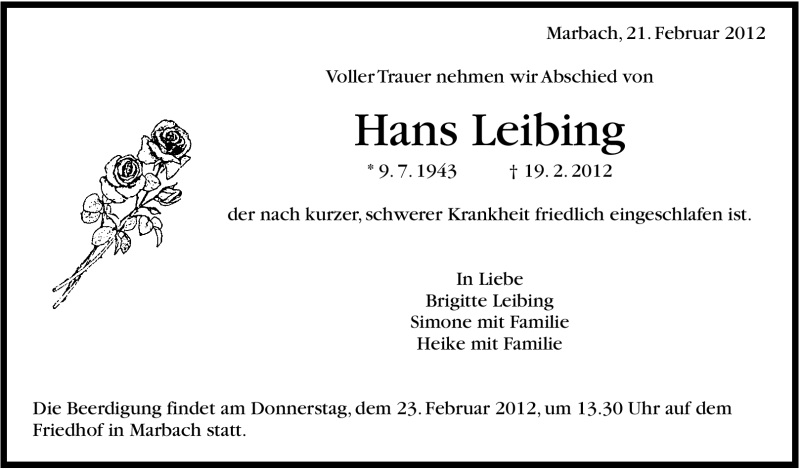  Traueranzeige für Hans Leibing vom 21.02.2012 aus Marbacher Zeitung