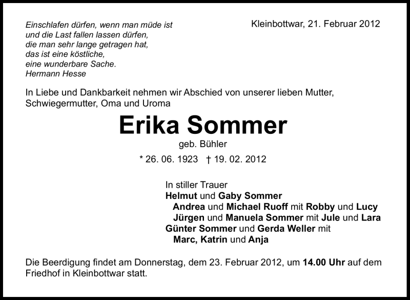  Traueranzeige für Erika Sommer vom 21.02.2012 aus Stuttgarter Zeitung / Stuttgarter Nachrichten