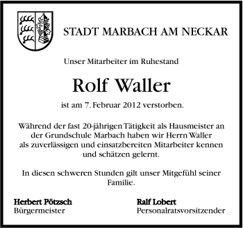 Traueranzeige von Rolf Waller von Marbacher Zeitung