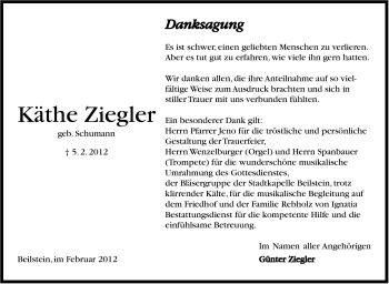 Traueranzeige von Käthe Ziegler von Marbacher Zeitung