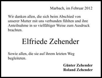 Traueranzeige von Elfriede Zehender von Stuttgarter Zeitung / Stuttgarter Nachrichten