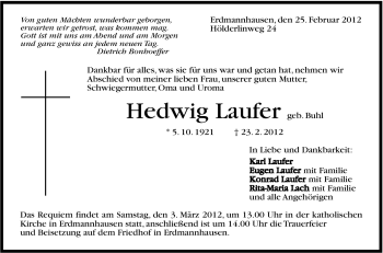 Traueranzeige von Hedwig Laufer von Marbacher Zeitung