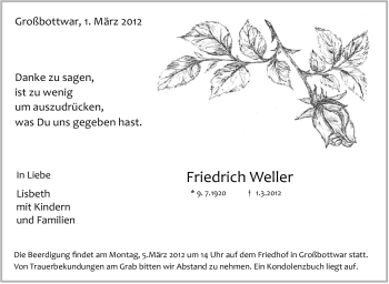 Traueranzeige von Friedrich Weller von Marbacher Zeitung