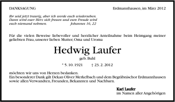 Traueranzeige von Hedwig Laufer von Marbacher Zeitung