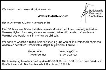 Traueranzeige von Walter Schittenhelm von Marbacher Zeitung