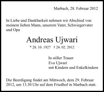 Traueranzeige von Andreas Ujwari von Marbacher Zeitung