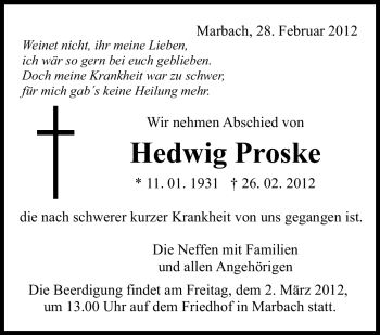 Traueranzeige von Hedwig Proske von Marbacher Zeitung