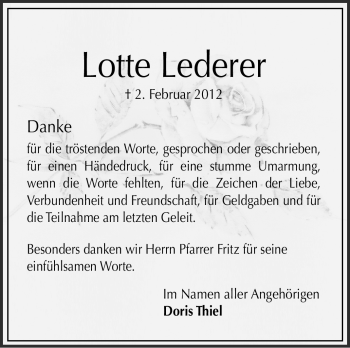 Traueranzeige von Lotte Lederer von Stuttgarter Zeitung / Stuttgarter Nachrichten