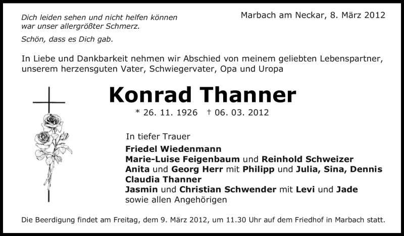  Traueranzeige für Konrad Thanner vom 08.03.2012 aus Marbacher Zeitung
