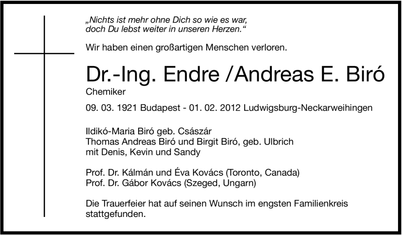  Traueranzeige für Andreas Biró vom 10.03.2012 aus Stuttgarter Zeitung / Stuttgarter Nachrichten