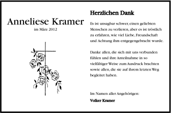 Traueranzeige von Anneliese Kramer von Marbacher Zeitung