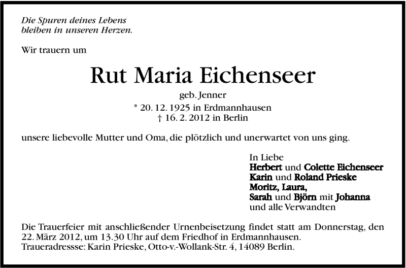  Traueranzeige für Maria Eichenseer vom 17.03.2012 aus Marbacher Zeitung