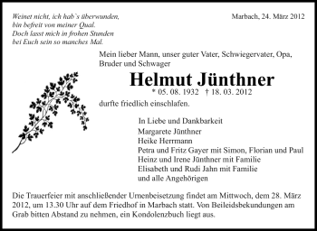 Traueranzeige von Helmut Jünthner von Marbacher Zeitung
