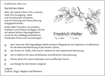 Traueranzeige von Friedrich Weller von Marbacher Zeitung