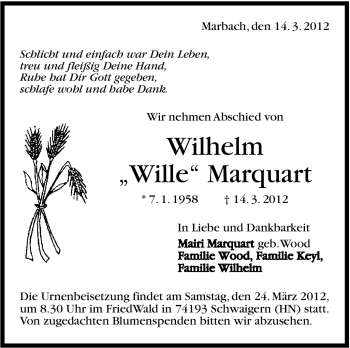 Traueranzeige von Wilhelm Marquart von Marbacher Zeitung