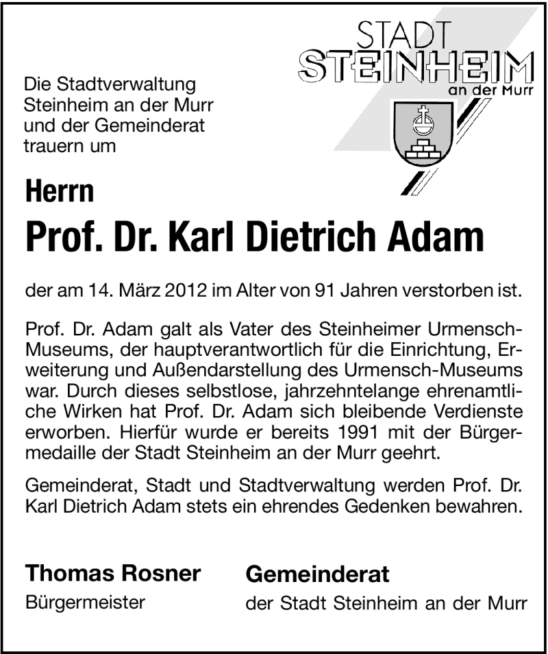  Traueranzeige für Karl Dietrich Adam vom 21.03.2012 aus Stuttgarter Zeitung / Stuttgarter Nachrichten