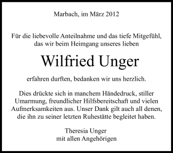 Traueranzeige von Wilfried Unger von Marbacher Zeitung