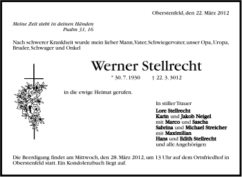 Traueranzeige von Werner Stellrecht von Marbacher Zeitung
