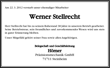 Traueranzeige von Werner Stellrecht von Marbacher Zeitung