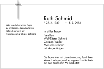 Traueranzeige von Ruth Schmid von Marbacher Zeitung