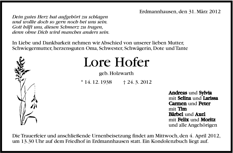  Traueranzeige für Lore Hofer vom 31.03.2012 aus Marbacher Zeitung