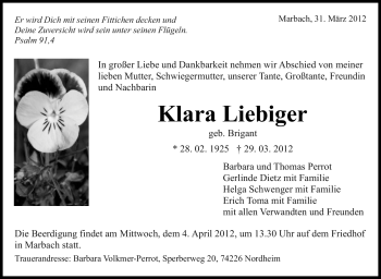 Traueranzeige von Klara Liebiger von Marbacher Zeitung
