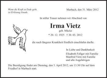 Traueranzeige von Irma Vietz von Marbacher Zeitung