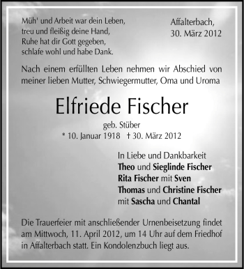 Traueranzeige von Elfriede Fischer von Marbacher Zeitung