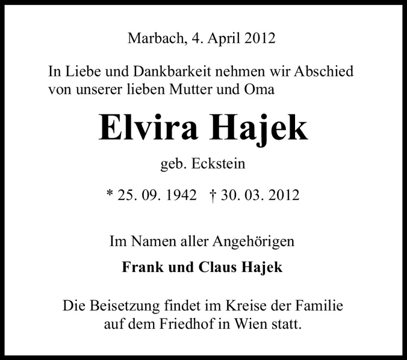  Traueranzeige für Elvira Hajek vom 04.04.2012 aus Marbacher Zeitung