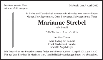 Traueranzeige von Marianne Strebel von Marbacher Zeitung