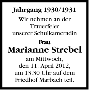 Traueranzeige von Marianne Strebel von Marbacher Zeitung
