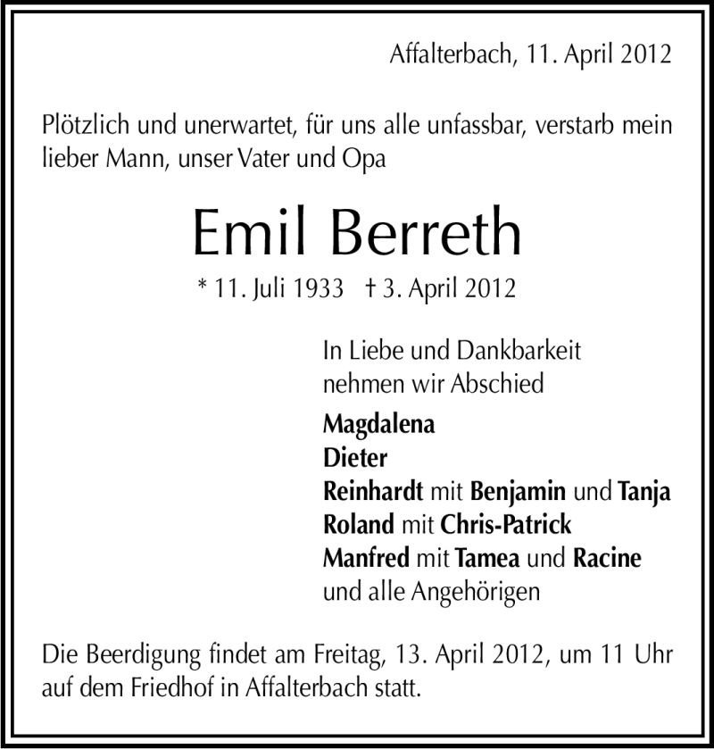  Traueranzeige für Emil Berreth vom 11.04.2012 aus Marbacher Zeitung