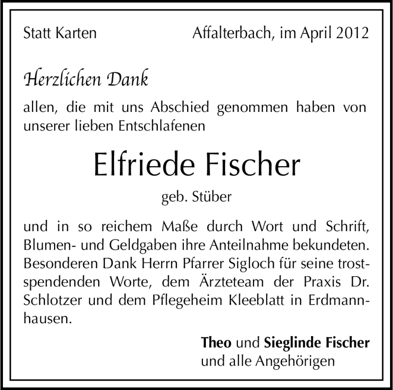  Traueranzeige für Elfriede Fischer vom 19.04.2012 aus Marbacher Zeitung
